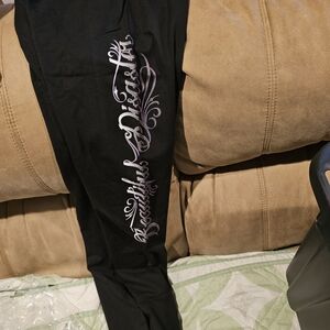 Black Leggings with Decorative Lilac Script